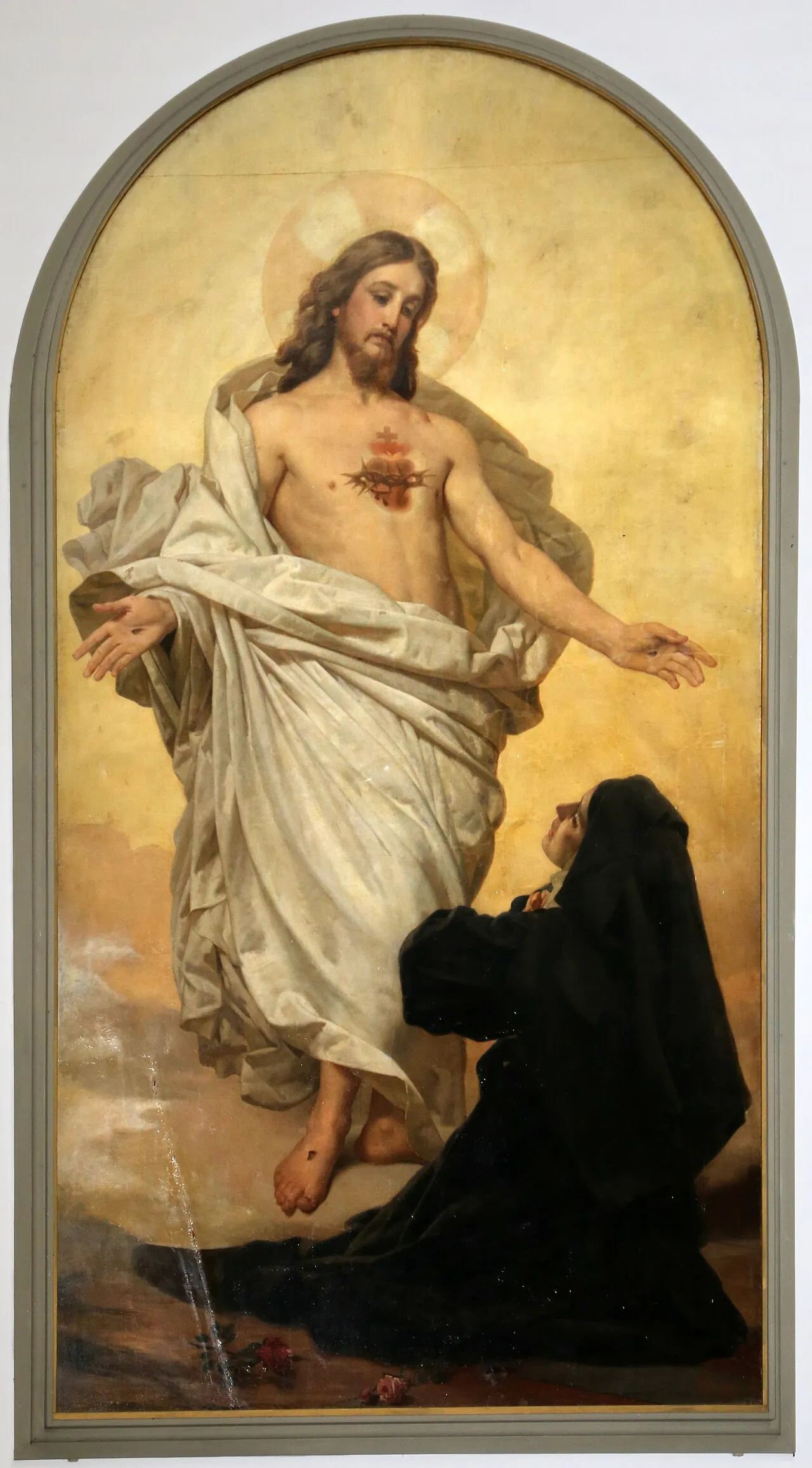 Margareta-Maria Alacoque kniet vor dem auferstandenen Christus, dessen Herz brennt
