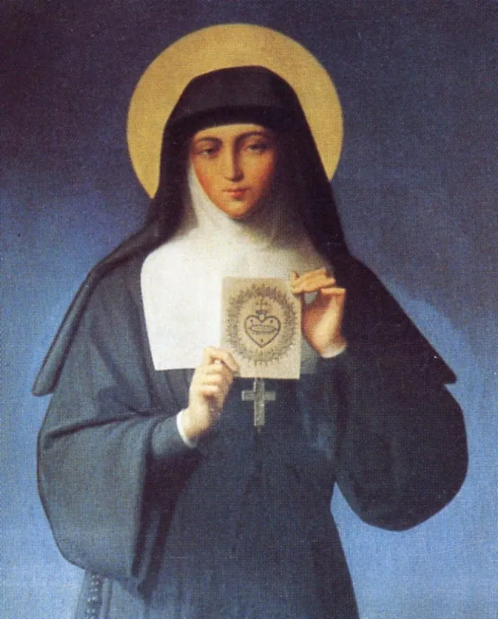 Die heilige Margareta-Maria Alacoque im Habit der Visitandinen, ein Andachtsbild des heiligsten Herzens in den Händen
