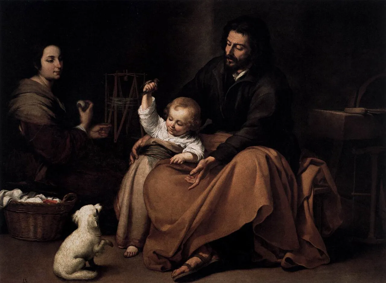 Maria, Joseph und das Christkind in häuslicher Szene; das Kind hält einen kleinen Vogel