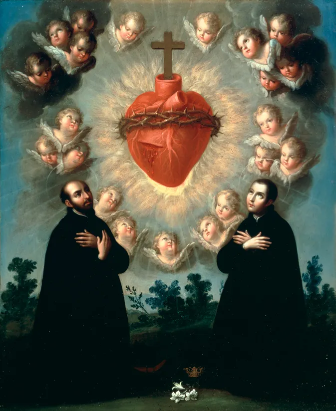 Das flammende Herz Jesu mit Kreuz und Dornenkrone, umgeben von Cherubim; darunter zwei kniende Jesuiten in Anbetung