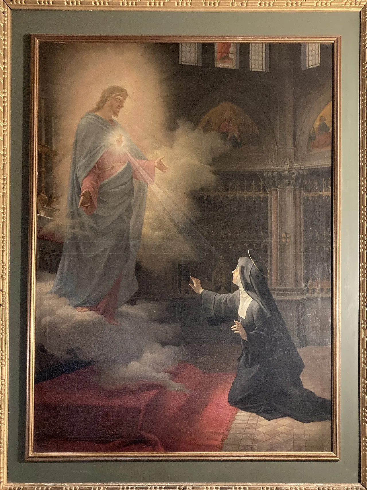 Christus erscheint mit brennendem Herzen der knienden Margareta-Maria in einer Klosterkapelle